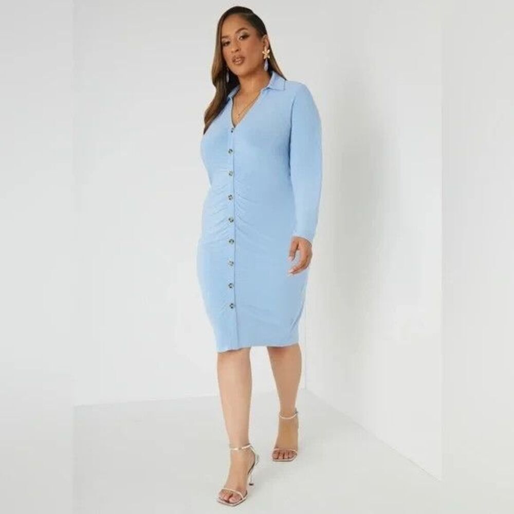Ashley Stewart Bodycon Shirtdress 22/24W Frozen Fjord Ruched Button Front NEW